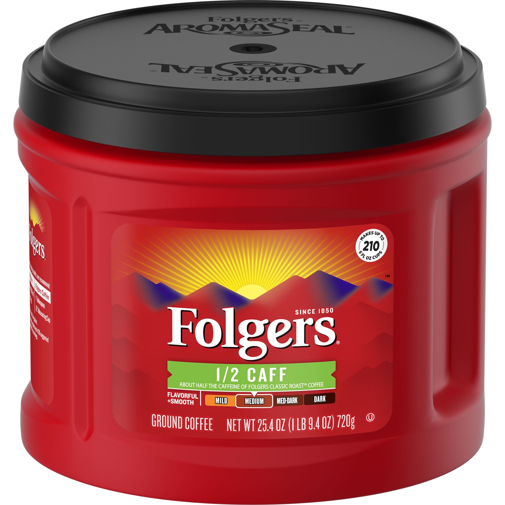 slide 1 of 2, Folgers Classic 1/2 Caff Medium Roast Ground Coffee, 25.4 oz