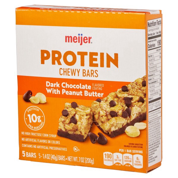 slide 7 of 13, Meijer Chewy Dark Chocolate & Peanut Butter Protein Bars, 5 ct; 7 oz