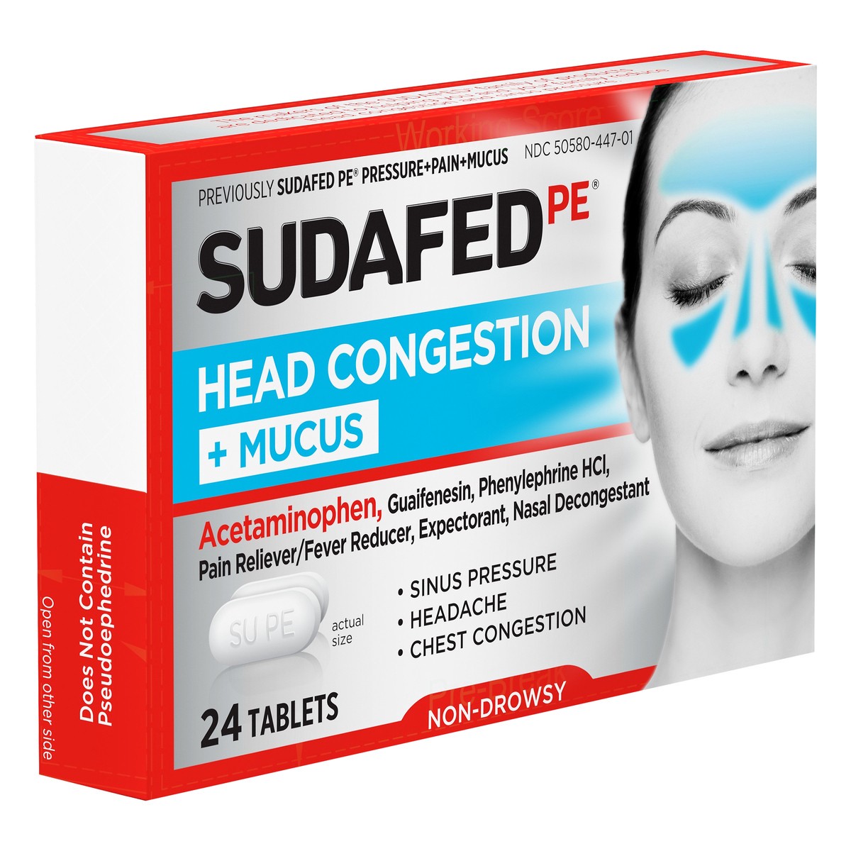 slide 2 of 7, Sudafed PE Head Congestion + Mucus Relief Tablets for Sinus Pressure, Congestion, & Headache, Non-Drowsy Decongestant with Acetaminophen, Guaifenesin & Phenylephrine HCI, 24 ct, 24 ct