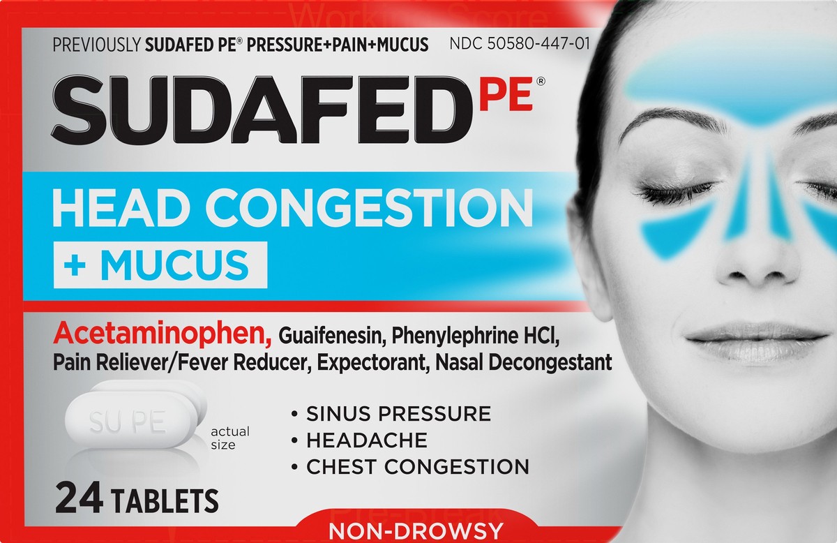 slide 5 of 7, Sudafed PE Head Congestion + Mucus Relief Tablets for Sinus Pressure, Congestion, & Headache, Non-Drowsy Decongestant with Acetaminophen, Guaifenesin & Phenylephrine HCI, 24 ct, 24 ct