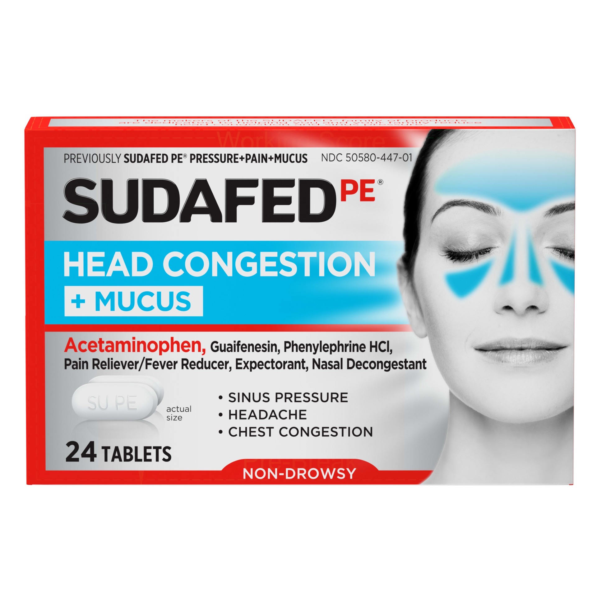 slide 1 of 7, Sudafed PE Head Congestion + Mucus Relief Tablets for Sinus Pressure, Congestion, & Headache, Non-Drowsy Decongestant with Acetaminophen, Guaifenesin & Phenylephrine HCI, 24 ct, 24 ct