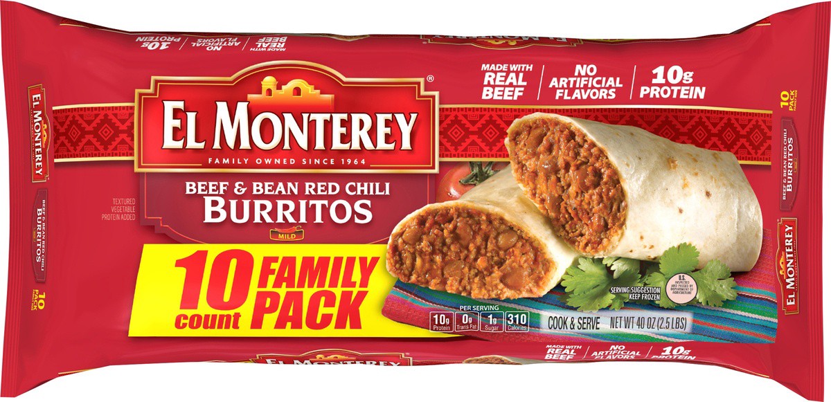 slide 2 of 7, El Monterey Burritos Beef & Bean Green Red Family Pack, 10 ct; 40 oz