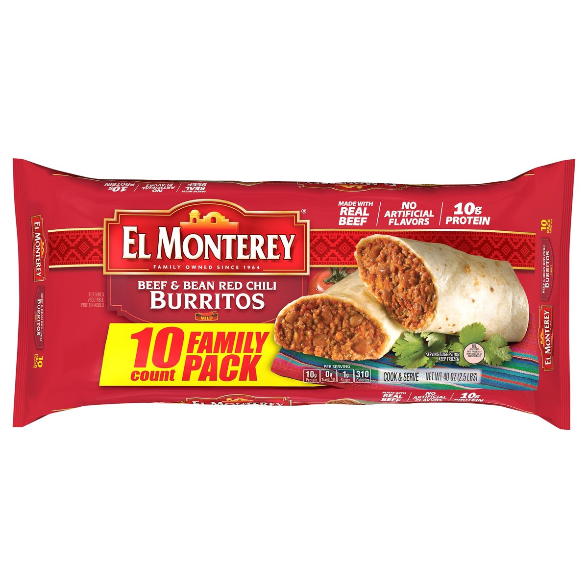 slide 1 of 7, El Monterey Burritos Beef & Bean Green Red Family Pack, 10 ct; 40 oz