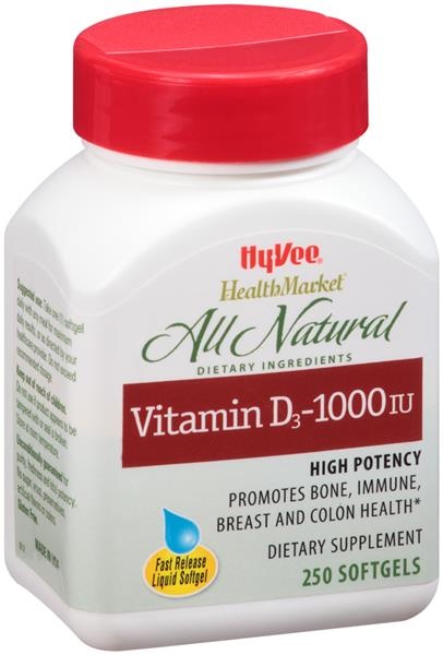 slide 1 of 1, Hy-Vee HealthMarket Vitamin D3 1000 Iu Softgels, 250 ct
