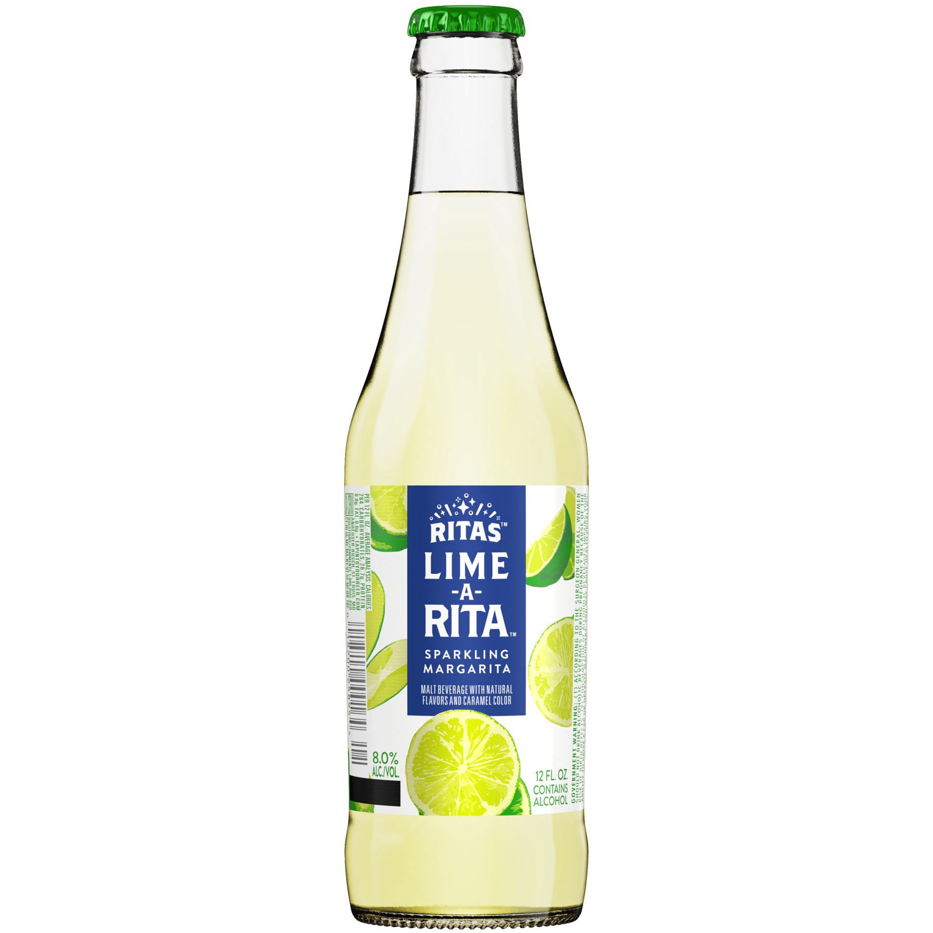 slide 1 of 6, RITAS Lime-A-Rita Sparkling Margarita, 12 fl. oz. Bottle, 8% ABV, 12 fl oz