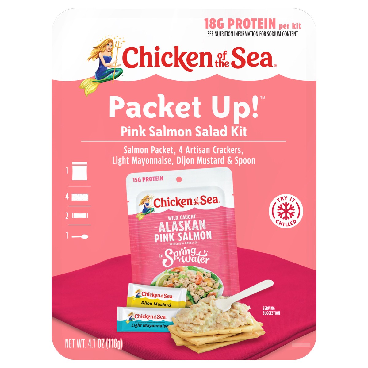 slide 1 of 9, Chicken of the Sea Packet Up! Pink Salmon Salad Kit 4.1 oz, 4.1 oz