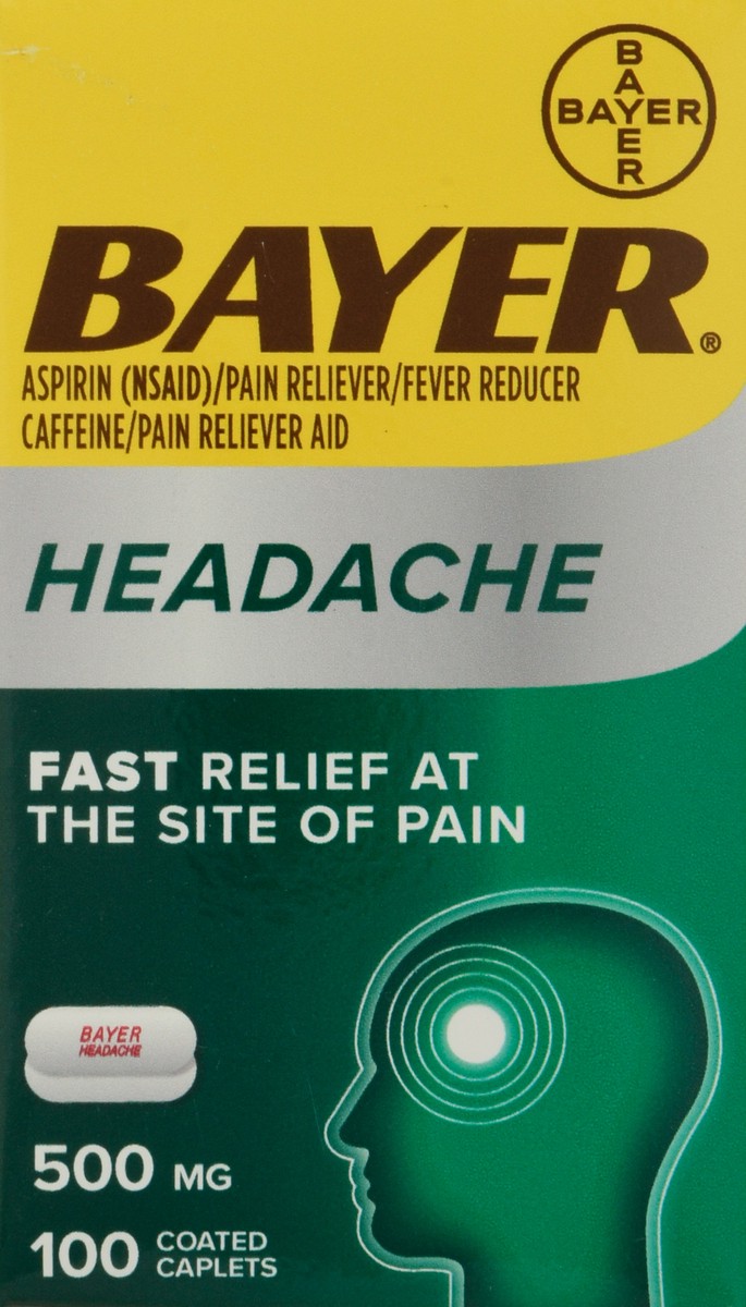 slide 1 of 9, Bayer 500 mg Headache Aspirin 100 Coated Caplets, 100 ct