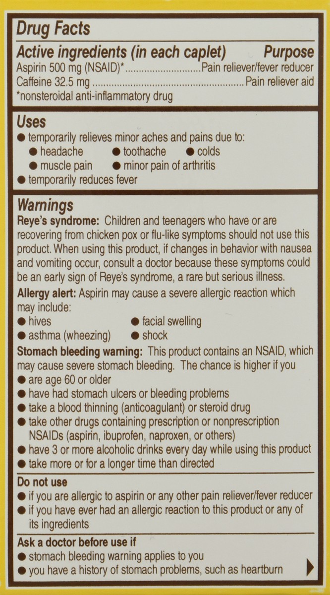 slide 4 of 9, Bayer 500 mg Headache Aspirin 100 Coated Caplets, 100 ct