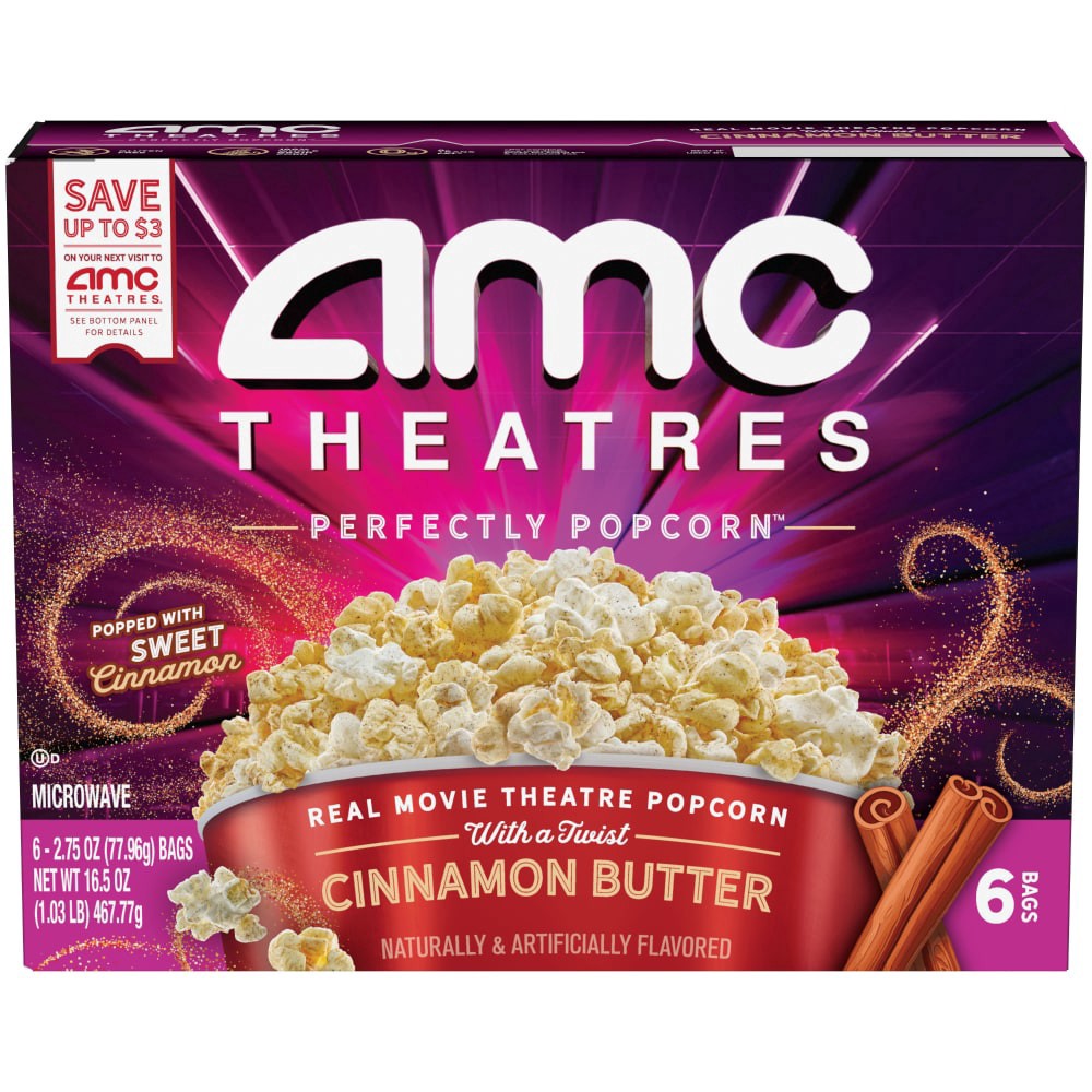 slide 2 of 6, AMC Theatres Perfectly Popcorn™ Cinnamon Butter Popcorn, 6 bags / 2.75 oz
