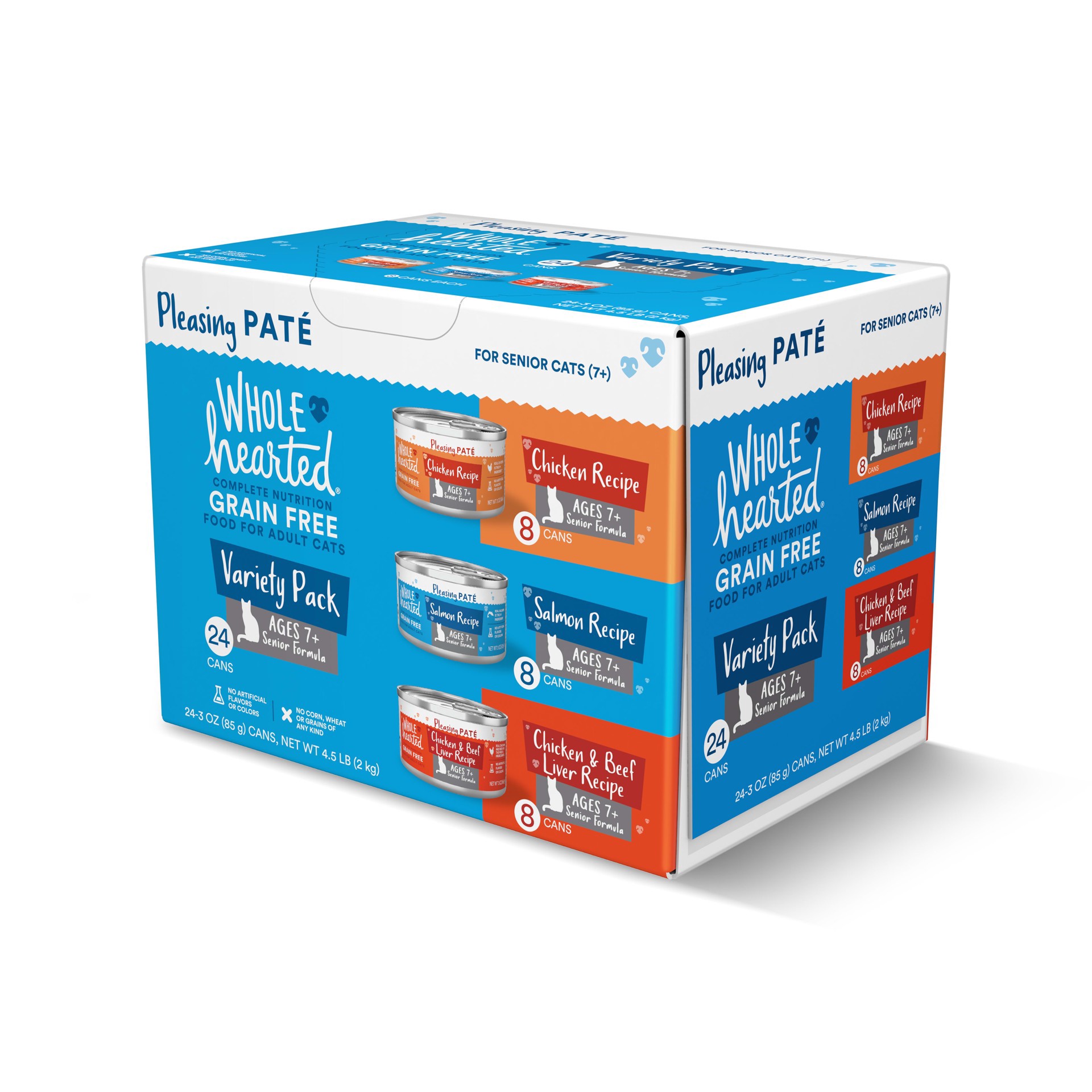 slide 1 of 1, WholeHearted Grain Free Senior Wet Cat Food Pate Variety Pack, 3 oz., 24 count., 1 ct