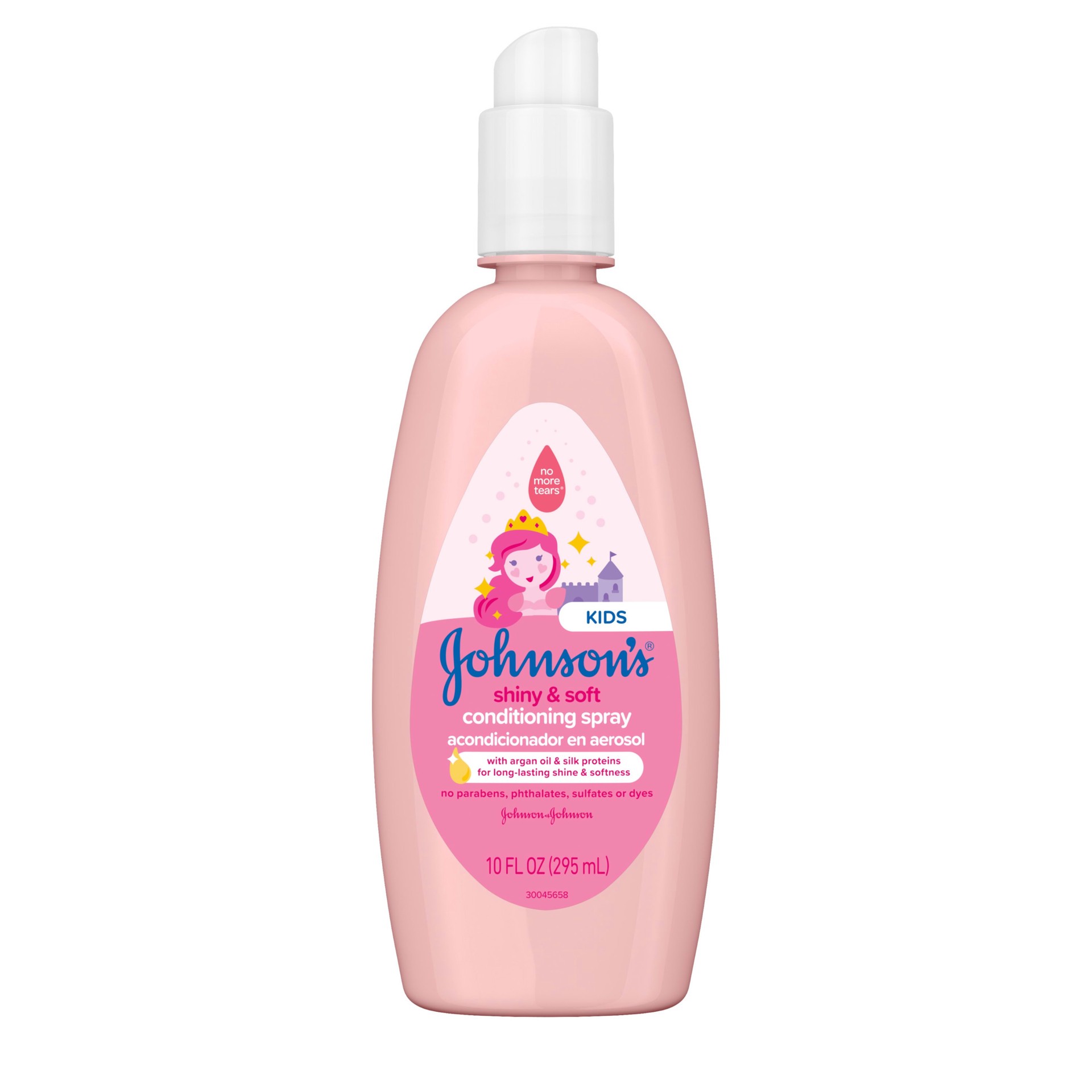 slide 1 of 1, Johnson's Shiny & Soft Tear-Free Kids' Hair Conditioning Spray with Argan Oil & Silk Proteins, Paraben-, Sulfate- & Dye-Free Formula, Hypoallergenic & Gentle for Toddlers' Hair, 10 fl oz