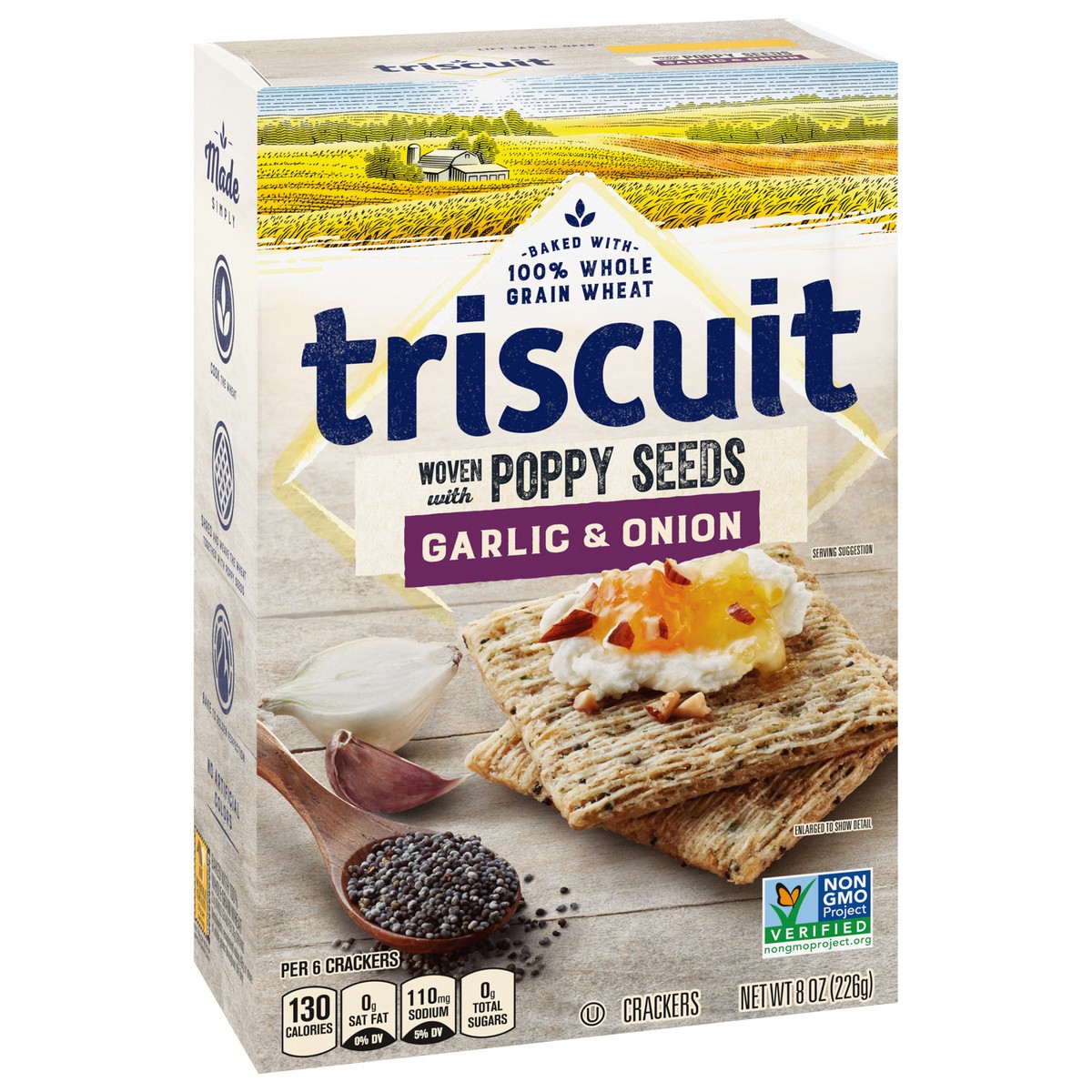 slide 2 of 9, Triscuit Garlic & Onion With Poppy Seeds Whole Grain Wheat Crackers, 8 Oz, 0.5 lb