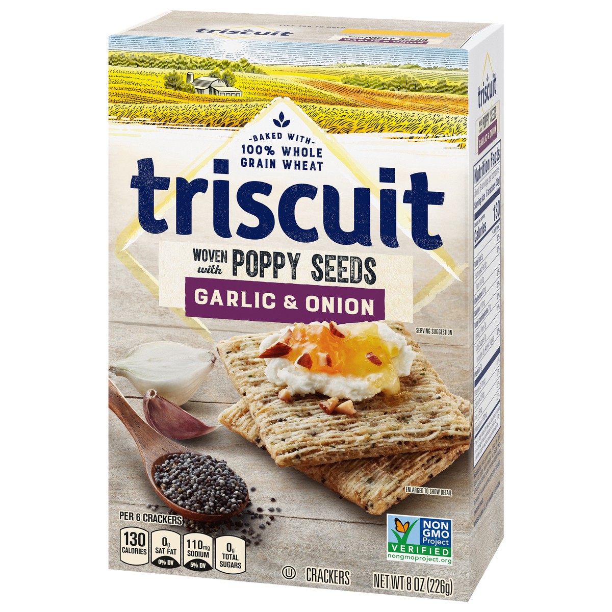 slide 3 of 9, Triscuit Garlic & Onion With Poppy Seeds Whole Grain Wheat Crackers, 8 Oz, 0.5 lb