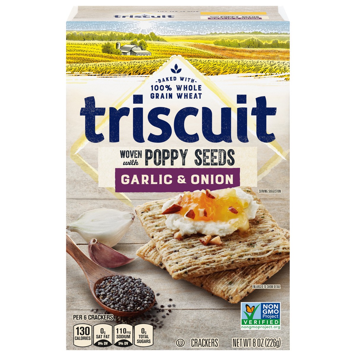 slide 1 of 9, Triscuit Garlic & Onion With Poppy Seeds Whole Grain Wheat Crackers, 8 Oz, 0.5 lb