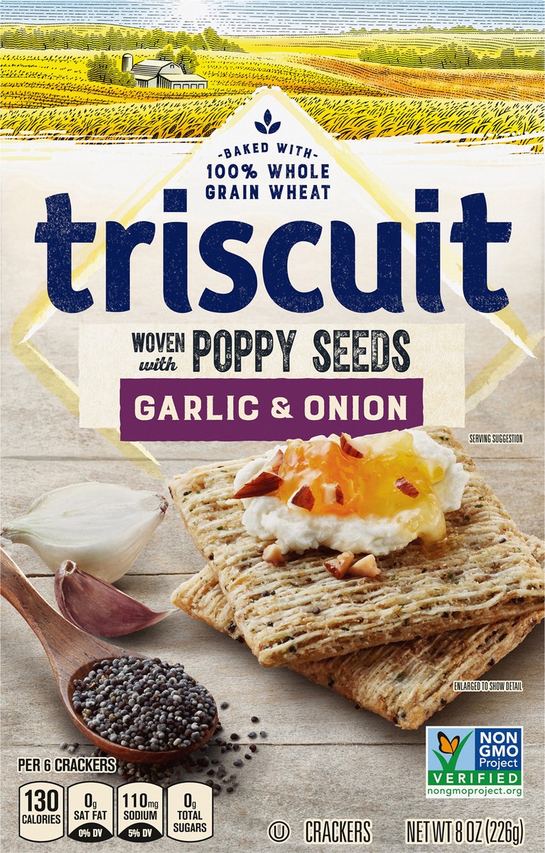 slide 6 of 9, Triscuit Garlic & Onion With Poppy Seeds Whole Grain Wheat Crackers, 8 Oz, 0.5 lb