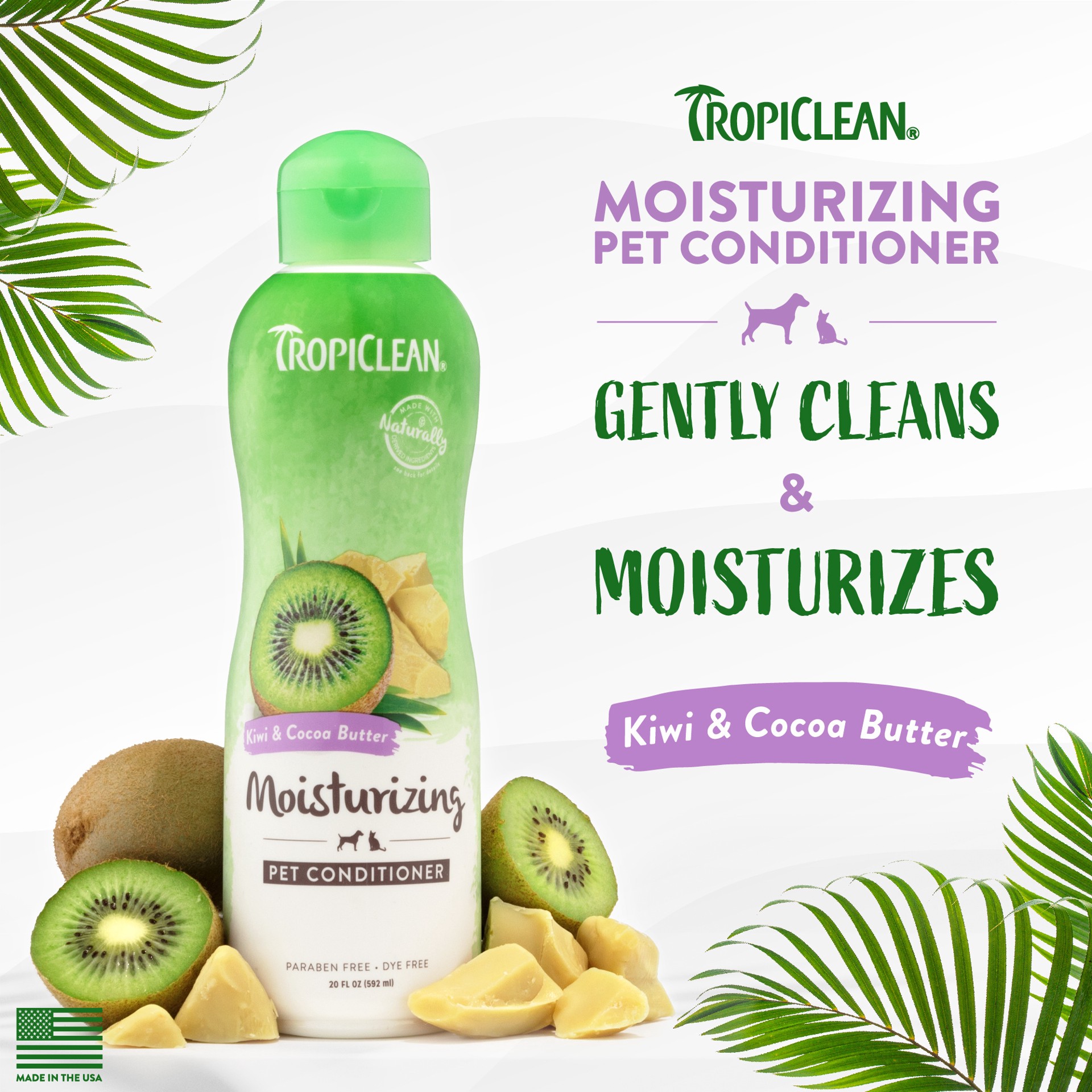 slide 8 of 10, TropiClean Kiwi & Cocoa Butter Moisturizing Conditioner for Pets, 20oz, 20 oz