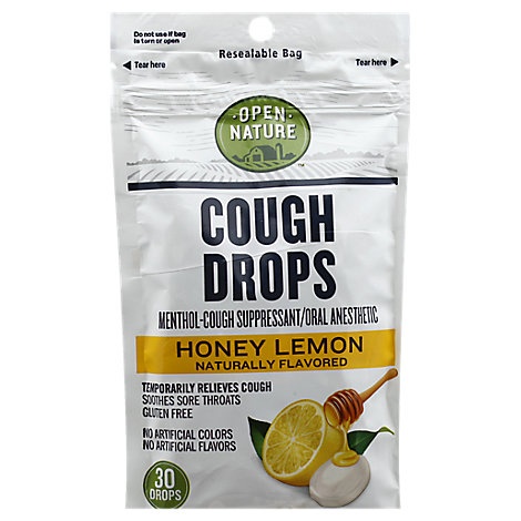 slide 1 of 1, Open Nature Cough Drops Cough Suppresant Oral Anesthetic Menthol Honey Lemon, 30 ct