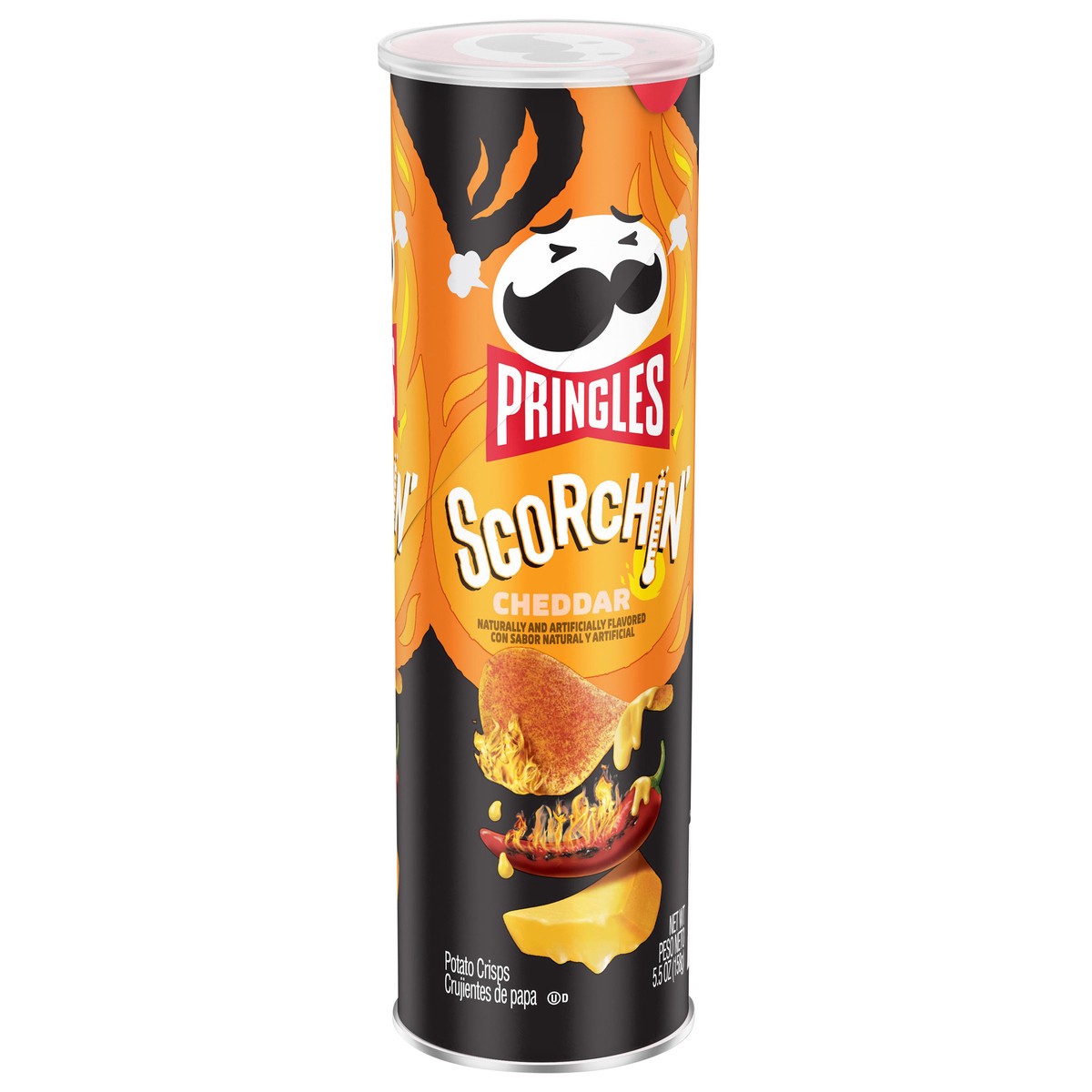 slide 3 of 8, Pringles Scorchin' Potato Crisps Chips, Spicy Snacks, On-the-Go Snacks, Cheddar, 5.5oz Can, 1 Can, 5.5 oz