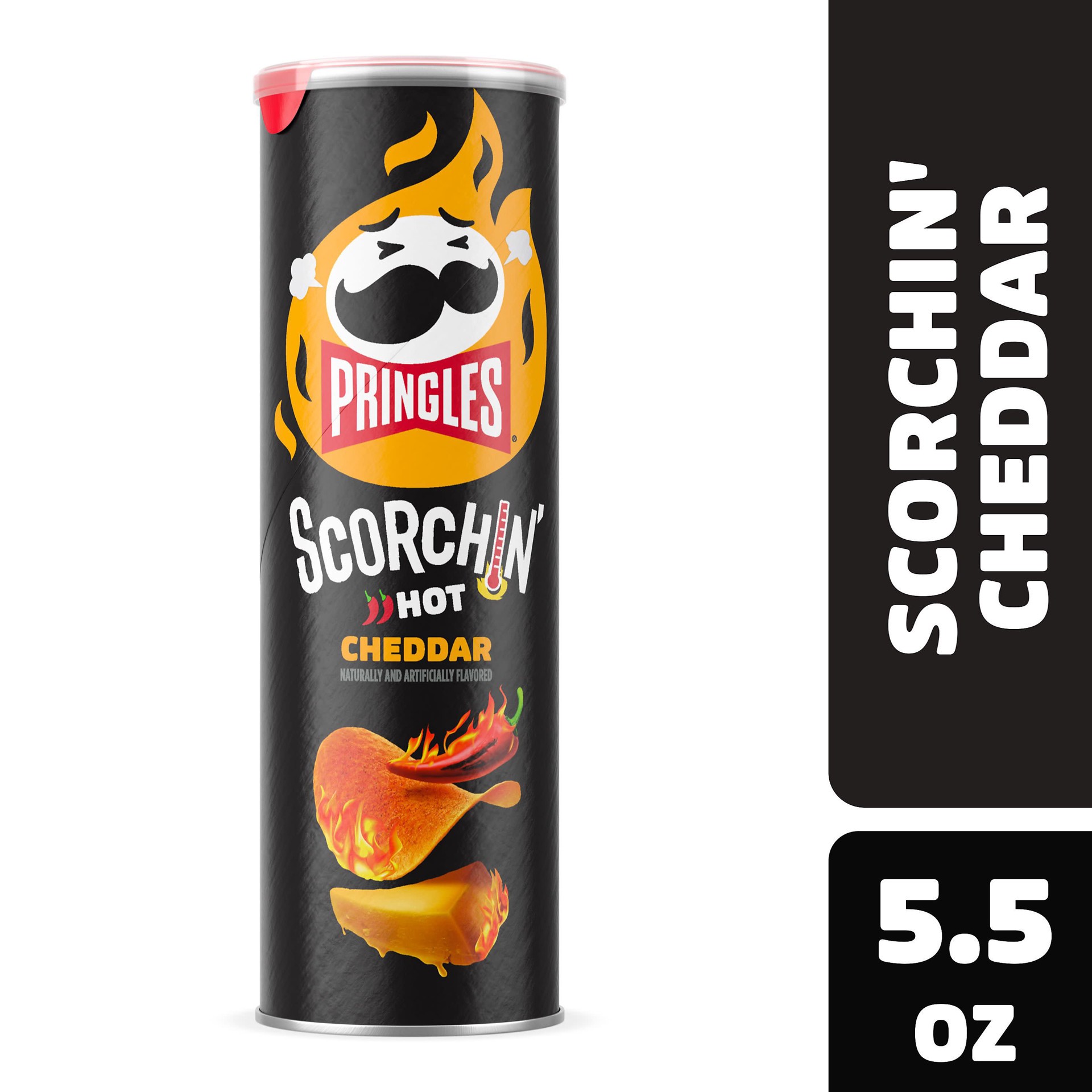 slide 1 of 8, Pringles Scorchin' Potato Crisps Chips, Spicy Snacks, On-the-Go Snacks, Cheddar, 5.5oz Can, 1 Can, 5.5 oz