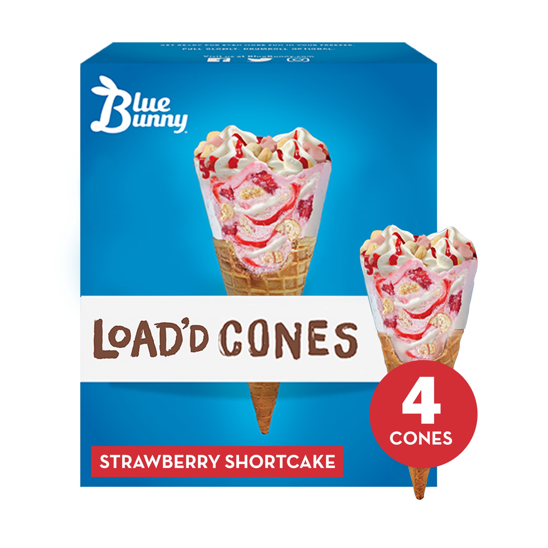 slide 1 of 5, Blue Bunny Load'd Cones Strawberry Shortcake, Frozen Dessert for Winter, 4 Pack, 16 fl oz