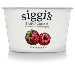 siggi's Triple Cream Icelandic Strained Raspberry Yogurt is an ode to deeply rooted Scandinavian dairy tradition that has been a part of Icelandic culture for centuries. siggi's founder wasn't thrilled with the overly sweet and artificial taste of US yogurt brands, inspiring him to create thoughtfully simple yogurt sourced with milk from family farms. When Siggi was a kid, his mom used to take plain skyr and mix it up, fifty-fifty, with whipped cream and then add fruit to the mix to create a very satisfying, rich concoction he loved. Our triple cream yogurt is inspired by his mom's simple recipe, which by the way never had a name aside from "skyr and cream"! Each cup of siggi's triple cream strained skyr yogurt uses 4x the amount of milk than a regular cup of yogurt – making it rich and creamy without all those dreadful artificial sweeteners. Thoughtfully simple and rather delicious.