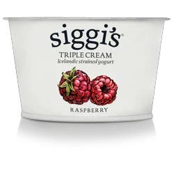 siggi's Triple Cream Icelandic Strained Raspberry Yogurt is an ode to deeply rooted Scandinavian dairy tradition that has been a part of Icelandic culture for centuries. siggi's founder wasn't thrilled with the overly sweet and artificial taste of US yogurt brands, inspiring him to create thoughtfully simple yogurt sourced with milk from family farms. When Siggi was a kid, his mom used to take plain skyr and mix it up, fifty-fifty, with whipped cream and then add fruit to the mix to create a very satisfying, rich concoction he loved. Our triple cream yogurt is inspired by his mom's simple recipe, which by the way never had a name aside from "skyr and cream"! Each cup of siggi's triple cream strained skyr yogurt uses 4x the amount of milk than a regular cup of yogurt – making it rich and creamy without all those dreadful artificial sweeteners. Thoughtfully simple and rather delicious.