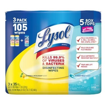 slide 1 of 1, Lysol Lemon and Lime Blossom + Ocean Fresh Scented Wet Wipes, 105 ct