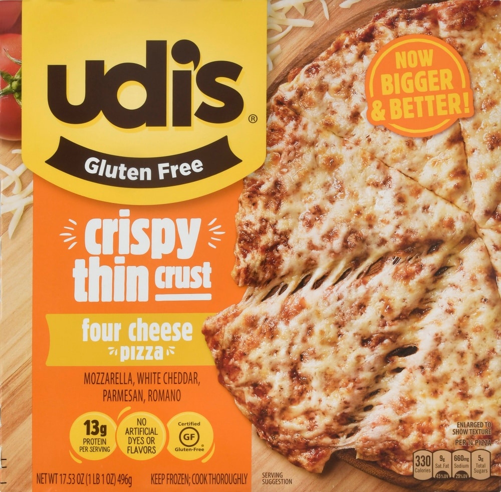 slide 1 of 1, Udi's Udis Gluten Free Crispy Thin Crust Four Cheese Frozen Pizza, 17.53 oz