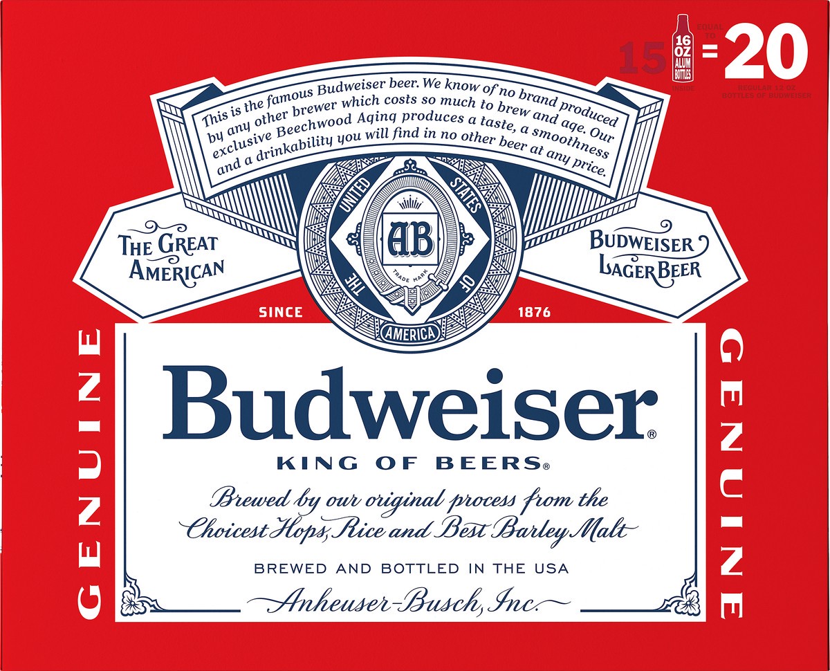 slide 6 of 9, Budweiser Lager Beer 15 - 16 fl oz Bottles, 15 ct; 16 oz