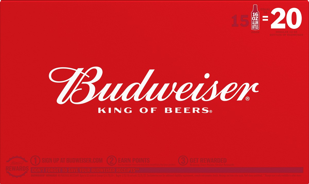 slide 9 of 9, Budweiser Lager Beer 15 - 16 fl oz Bottles, 15 ct; 16 oz