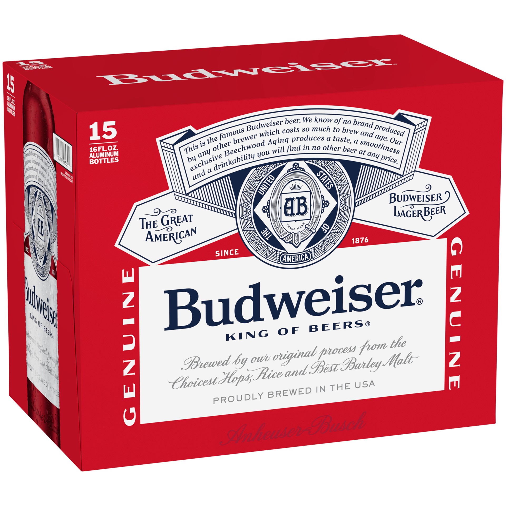 slide 1 of 9, Budweiser Lager Beer 15 - 16 fl oz Bottles, 5.0% ABV, 240 fl oz