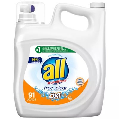 slide 3 of 3, All Liquid Laundry Detergent with Advanced OXI Stain Removers and Whiteners, Free Clear, 162 Ounce, 91 Loads, 162 oz