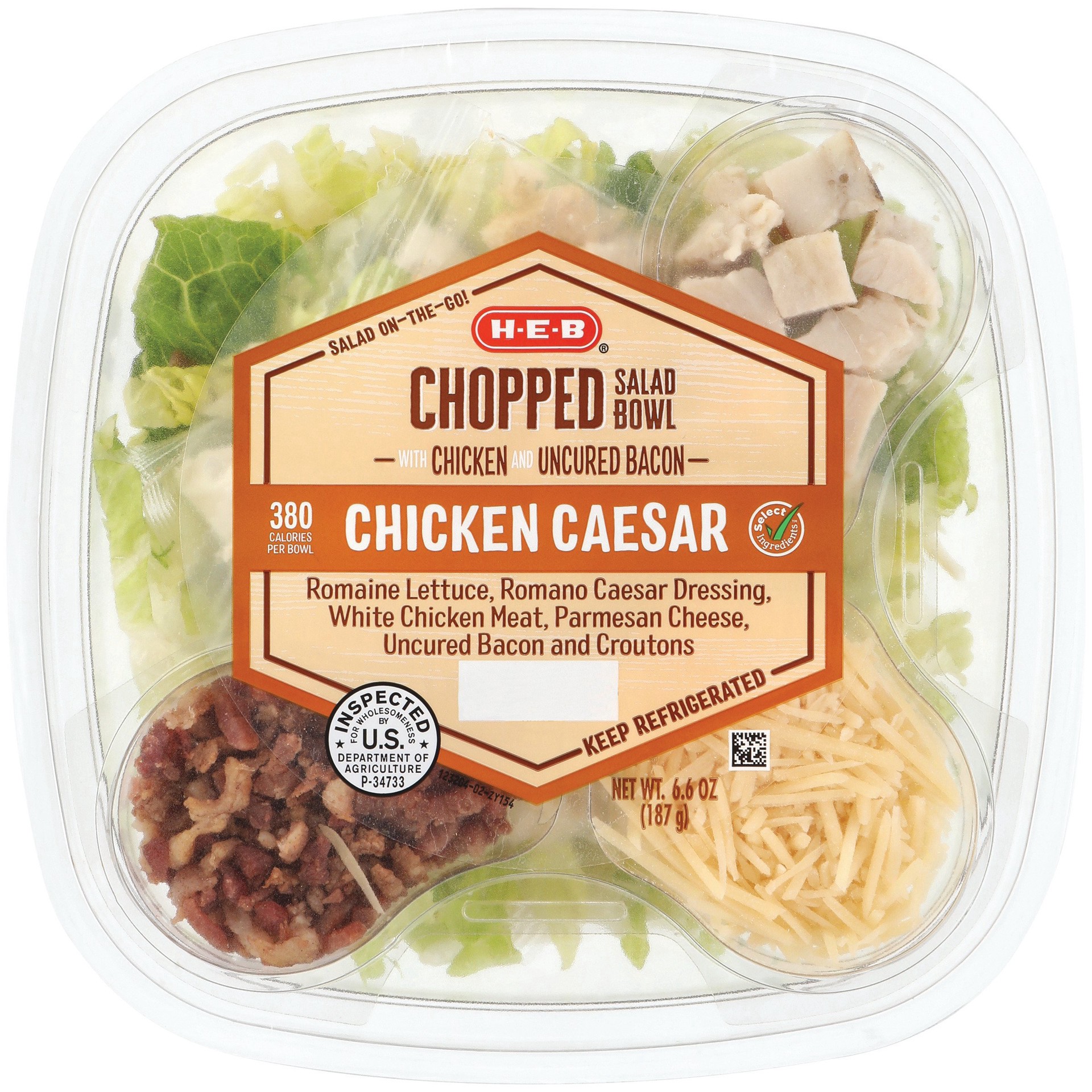 slide 1 of 1, H-E-B Chopped Salad Bowl - Chicken Caesar with Uncured Bacon, 5.9 oz