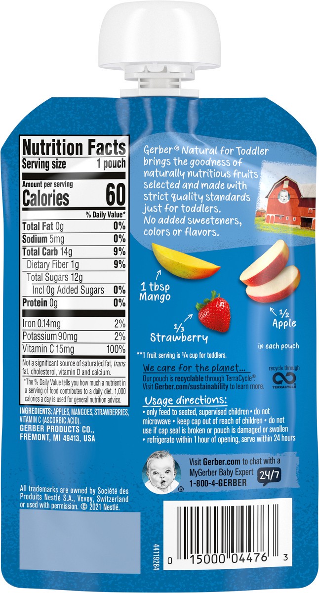 slide 8 of 9, Gerber Toddler Fruit Squeezable Puree, Apple Mango Strawberry, 3.5 oz