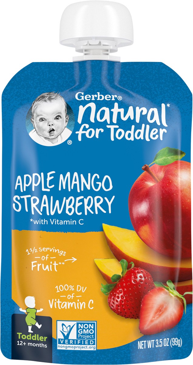slide 6 of 9, Gerber Toddler Fruit Squeezable Puree, Apple Mango Strawberry, 3.5 oz