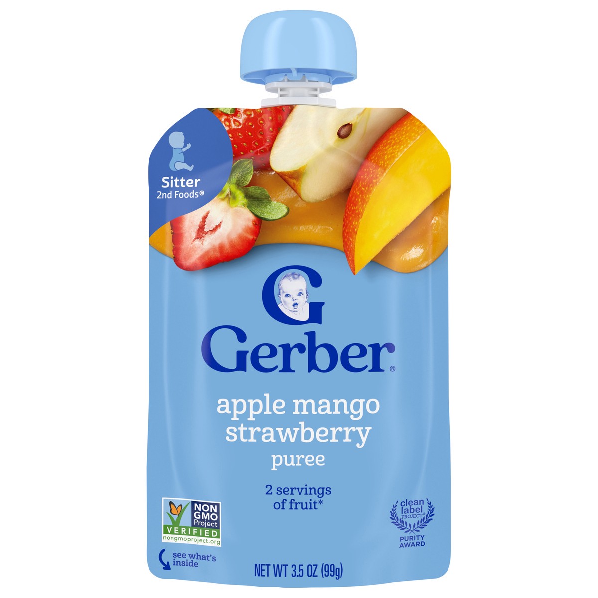 slide 1 of 9, Gerber Stage 2 Baby Food, Apple Mango Strawberry Puree Pouch, 3.5 oz