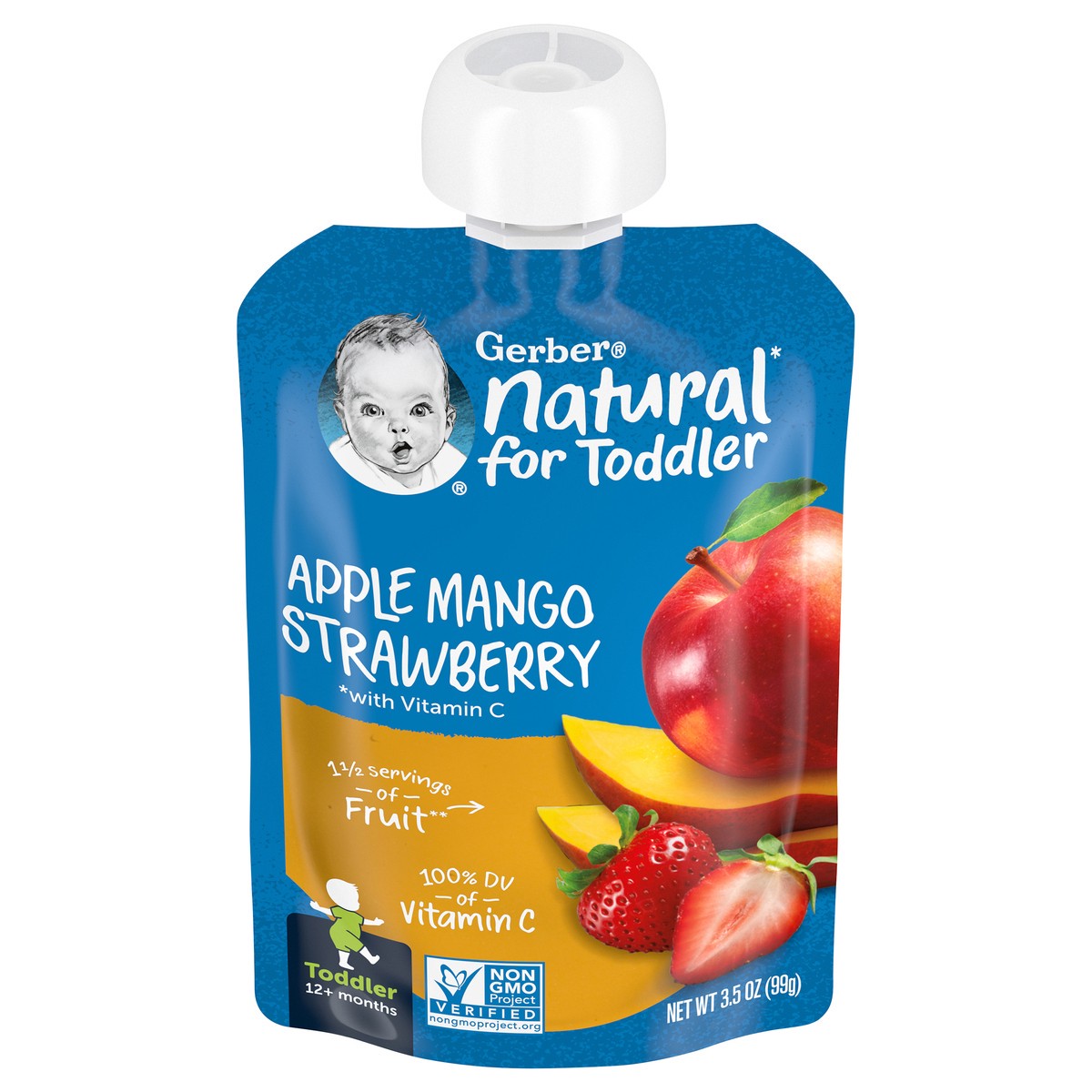 slide 1 of 9, Gerber Toddler Fruit Squeezable Puree, Apple Mango Strawberry, 3.5 oz