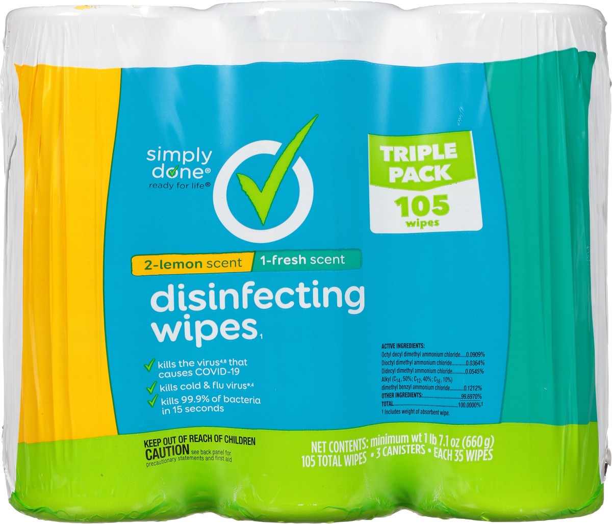 slide 1 of 9, Simply Done Triple Pack Lemon Scent/Fresh Scent Disinfecting Wipes 3 ea, 3 ct