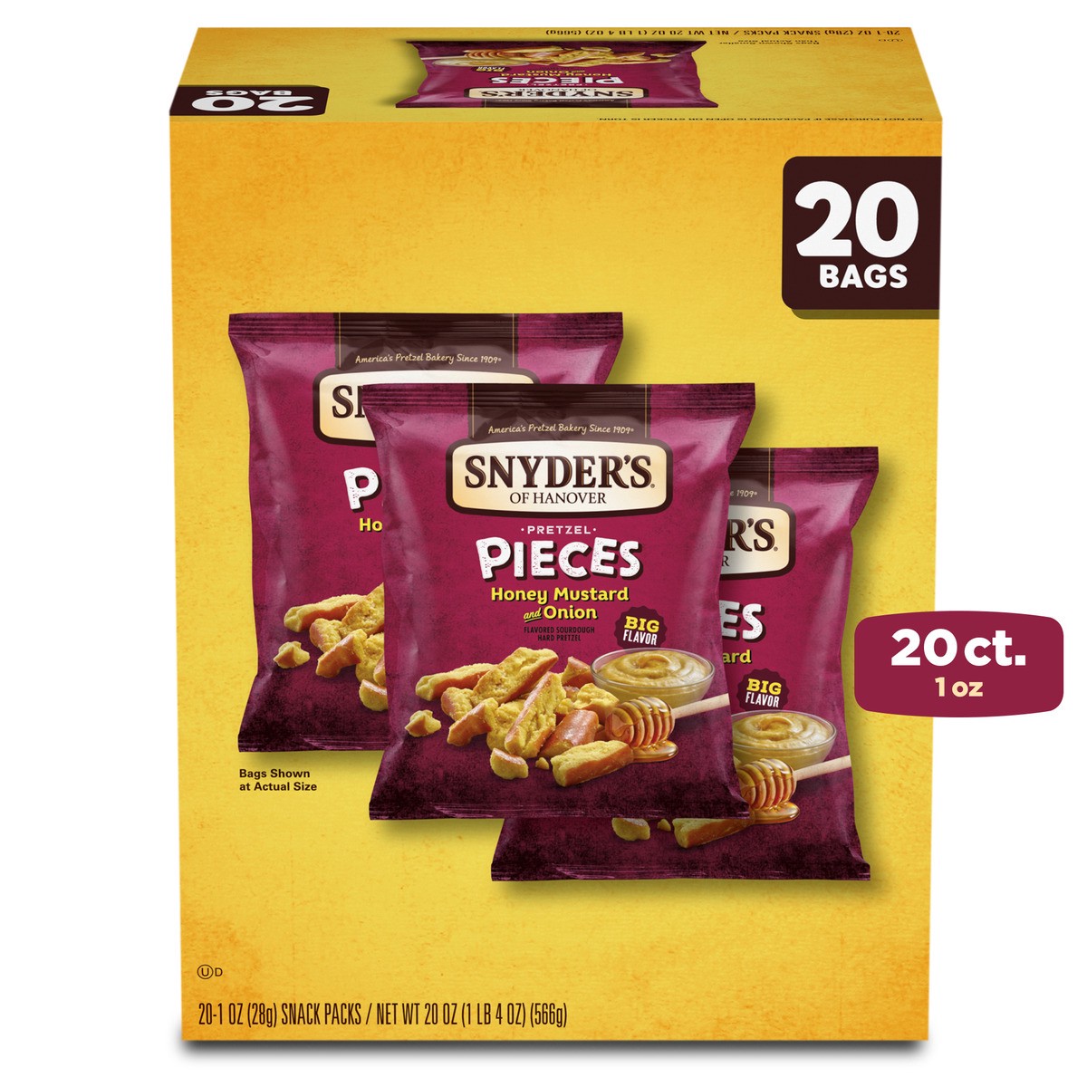 slide 1 of 5, Snyder's of Hanover Pretzel Pieces, Honey Mustard and Onion, 1 Oz Snack Packs, 20 Ct, 20 oz