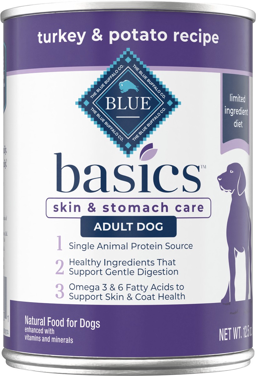 slide 1 of 50, Blue Buffalo Basics Skin & Stomach Care, Grain Free Natural Adult Wet Dog Food, Turkey 12.5-oz Can, 12.5 oz