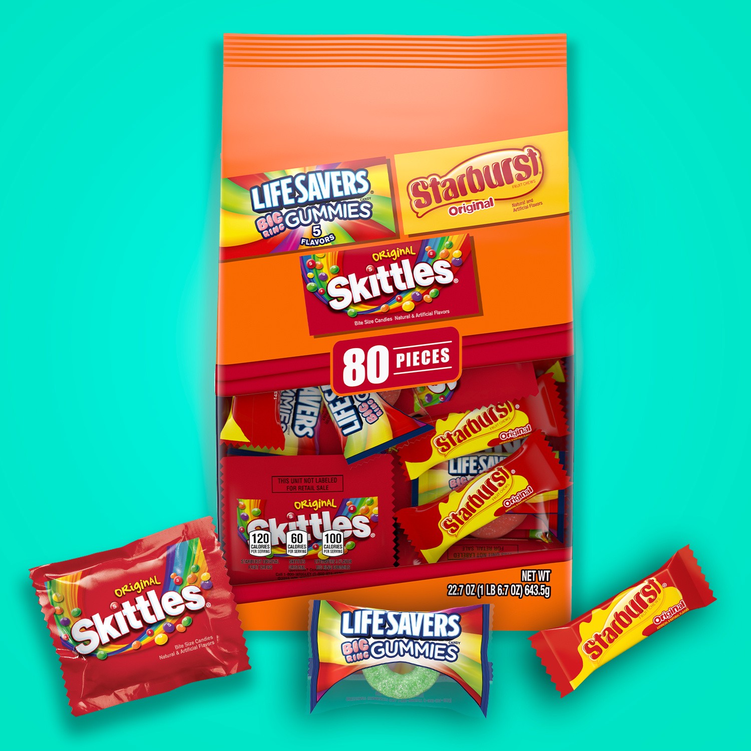 slide 6 of 8, Mixed SKITTLES, STARBURST & LIFE SAVERS Gummy Variety Pack Fun Size Chewy Candy, 80 Piece Bag, 22.7 oz