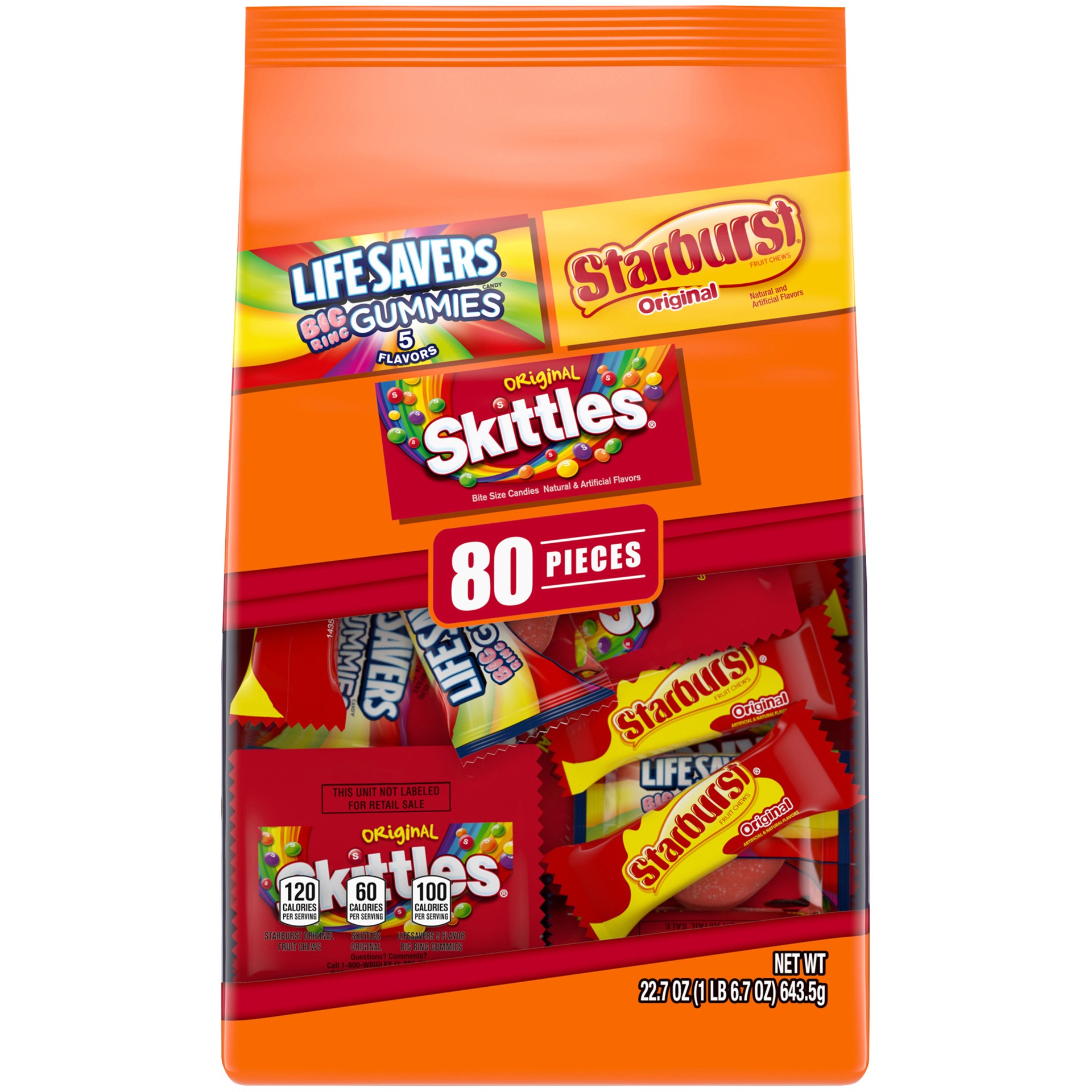 slide 1 of 8, Mixed SKITTLES, STARBURST & LIFE SAVERS Gummy Variety Pack Fun Size Chewy Candy, 80 Piece Bag, 22.7 oz