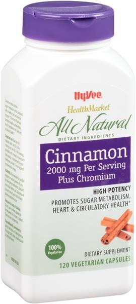 slide 1 of 1, Hy-Vee HealthMarket All Natural Cinnamon Plus Chromium Dietary Supplement Vegetarian Capsules, 120 ct