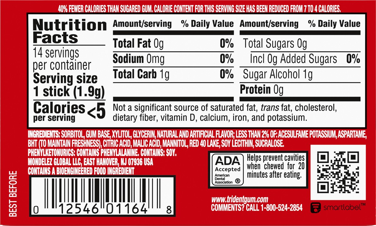 slide 5 of 11, Trident Strawberry Twist Sugar Free Gum, 14 Pieces, 0.06 lb