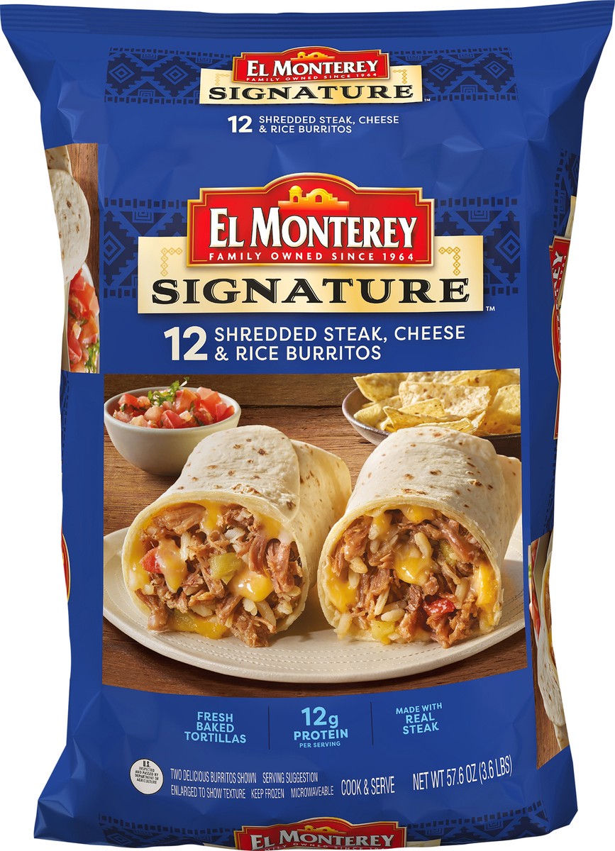 slide 5 of 7, El Monterey Burritos, Shredded Steak, Cheese & Rice, 12Ct, 57.6 oz