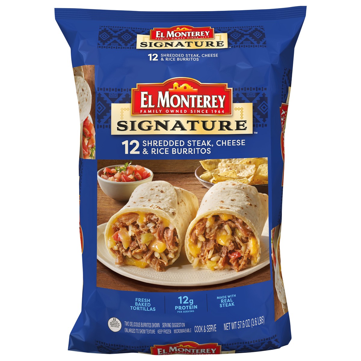 slide 1 of 7, El Monterey Burritos, Shredded Steak, Cheese & Rice, 12Ct, 57.6 oz