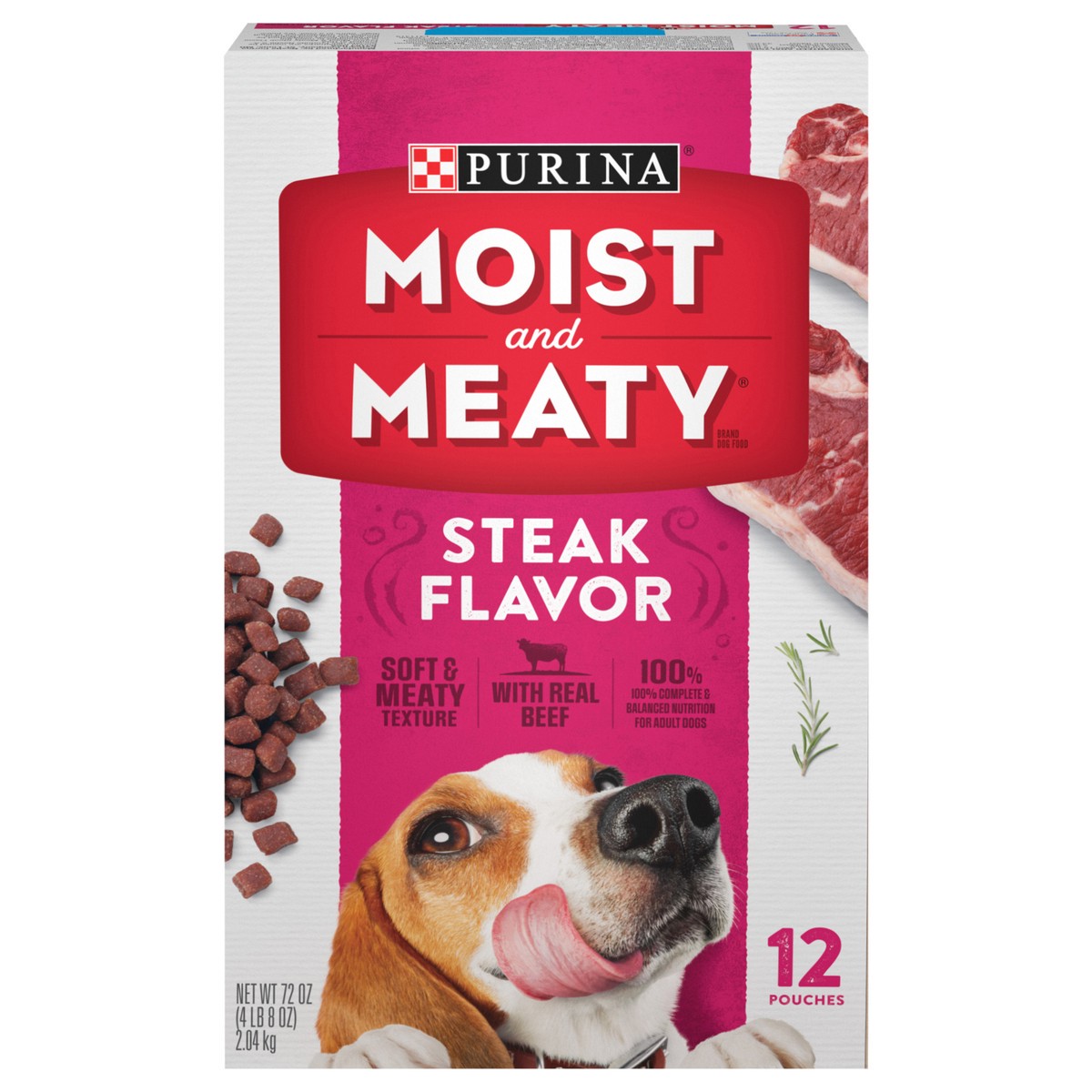 slide 4 of 14, Moist & Meaty Purina Moist and Meaty Steak Flavor Soft Dog Food Pouches, 12 ct