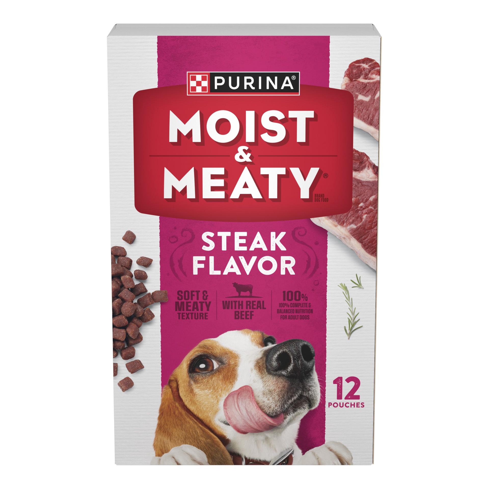 slide 1 of 14, Moist & Meaty Purina Moist and Meaty Steak Flavor Soft Dog Food Pouches, 12 ct