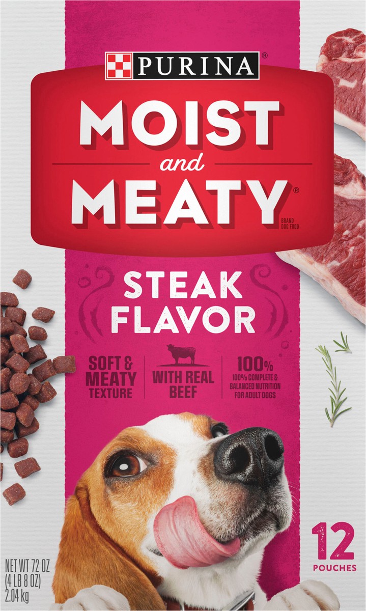 slide 7 of 14, Moist & Meaty Purina Moist and Meaty Steak Flavor Soft Dog Food Pouches, 12 ct