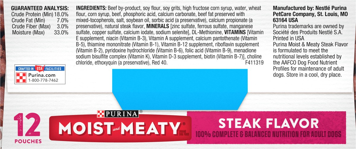 slide 5 of 14, Moist & Meaty Purina Moist and Meaty Steak Flavor Soft Dog Food Pouches, 12 ct